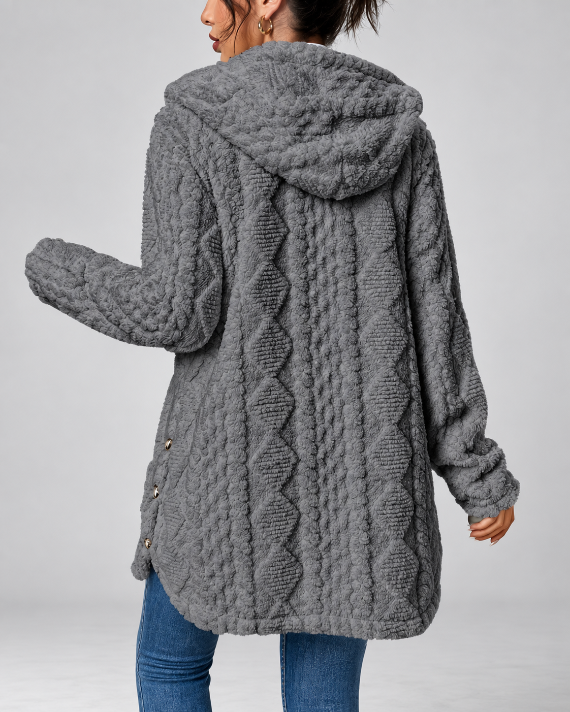 Grey longline teddy fleece cable knit jacket hood detail