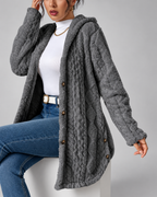 Grey longline teddy fleece cable knit jacket texture detail