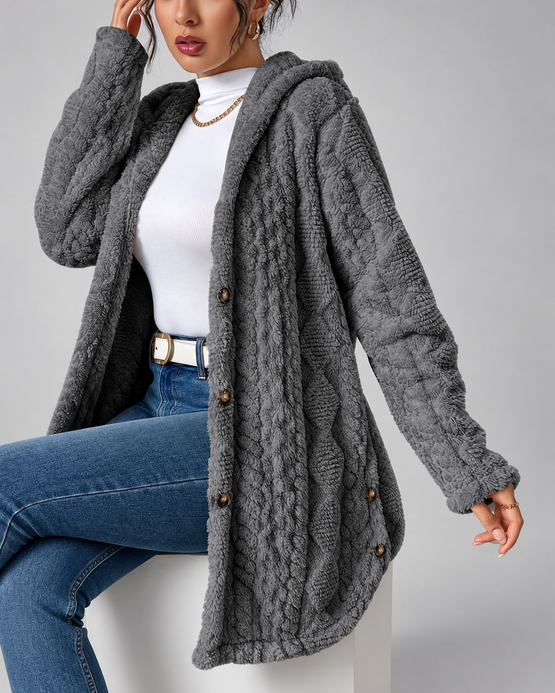 Grey longline teddy fleece cable knit jacket texture detail