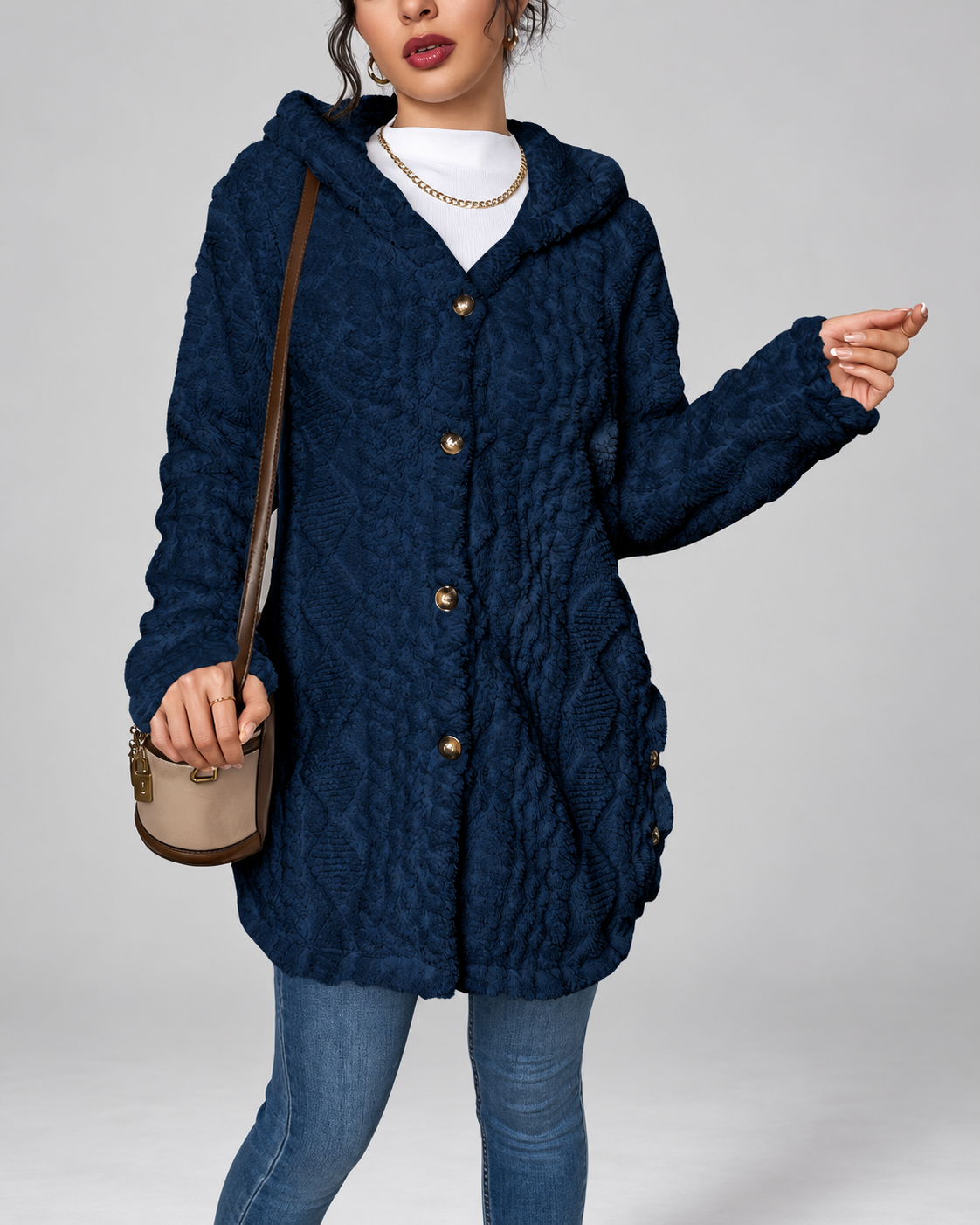 Navy longline teddy fleece cable knit jacket back