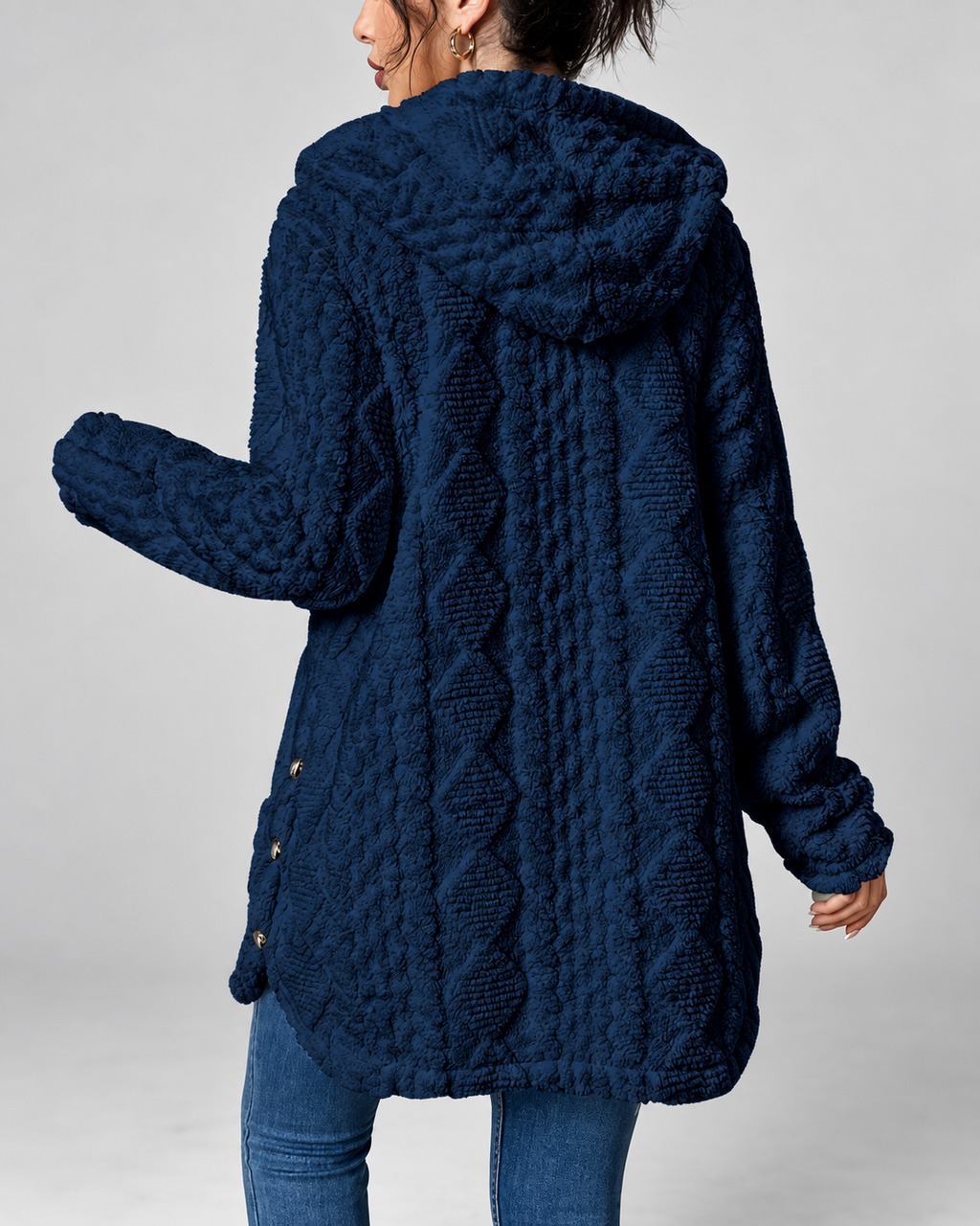 Navy longline teddy fleece cable knit jacket detail