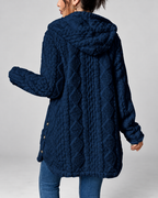Navy longline teddy fleece cable knit jacket detail