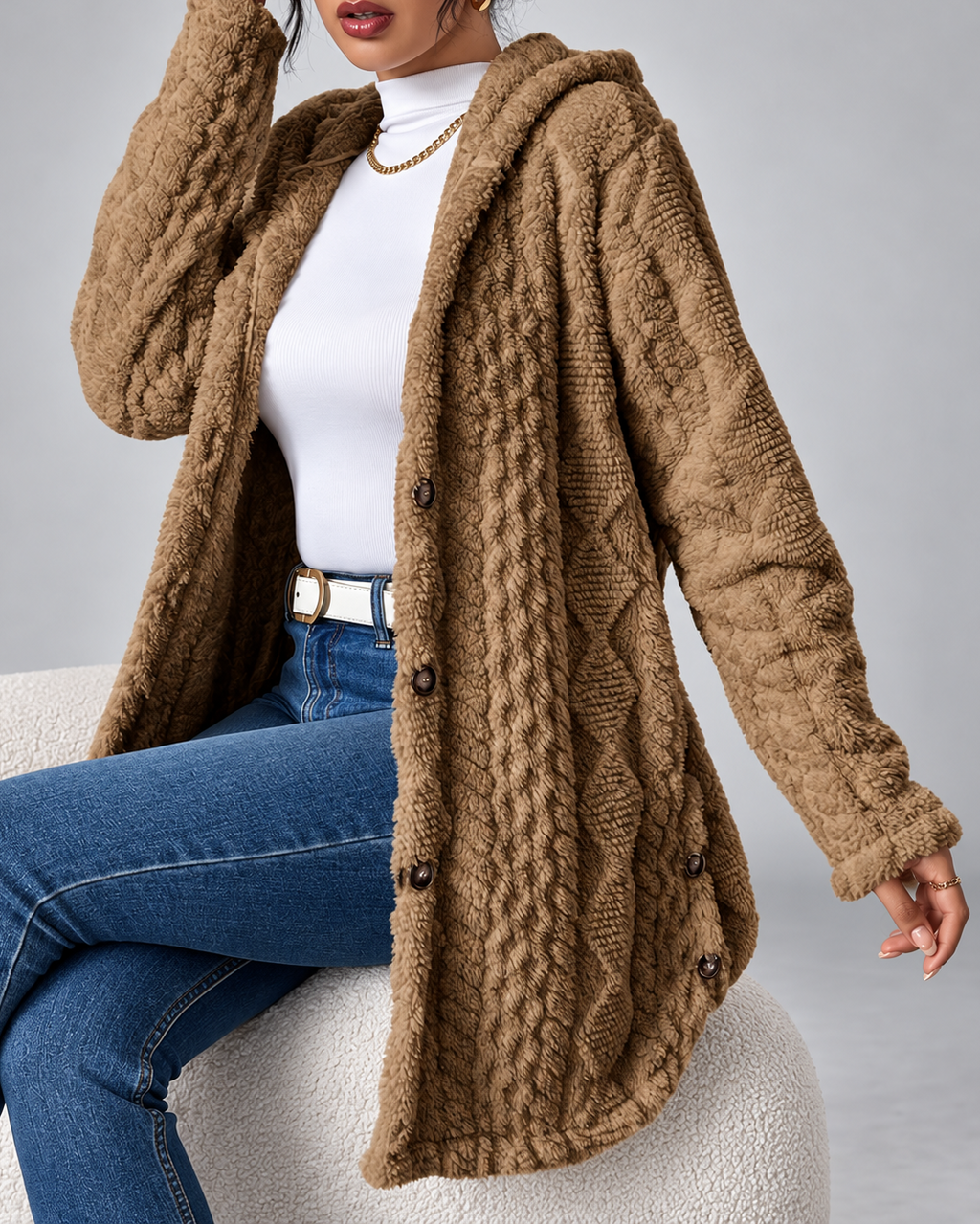 Camel longline teddy fleece cable knit jacket seated