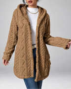 Camel longline teddy fleece cable knit jacket front open