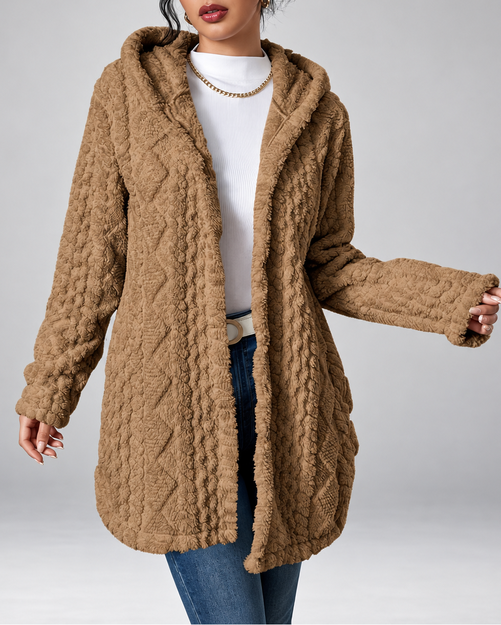 Camel longline teddy fleece cable knit jacket front open