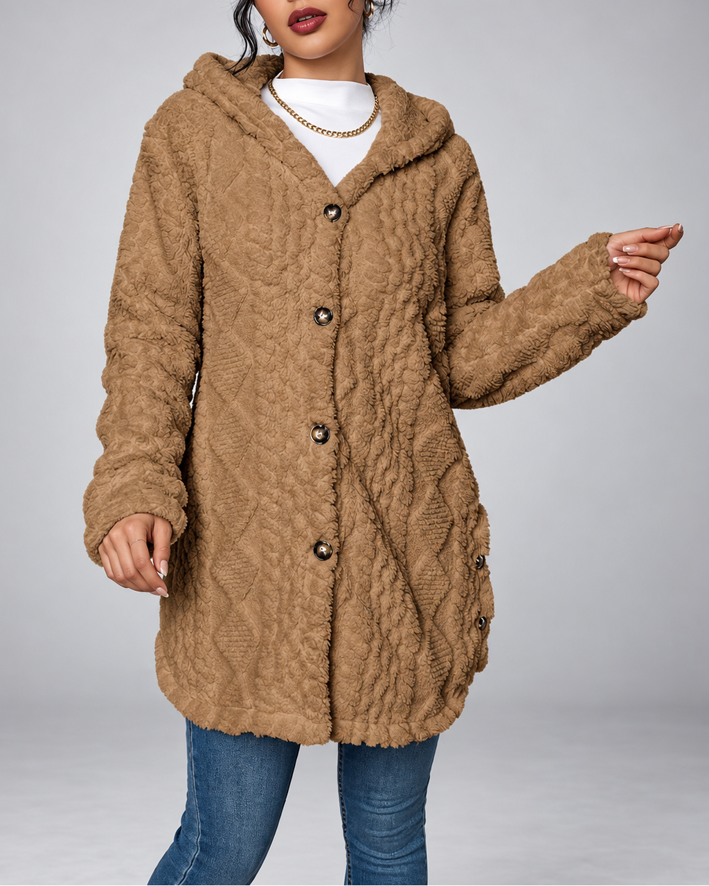 Camel longline teddy fleece cable knit jacket buttoned