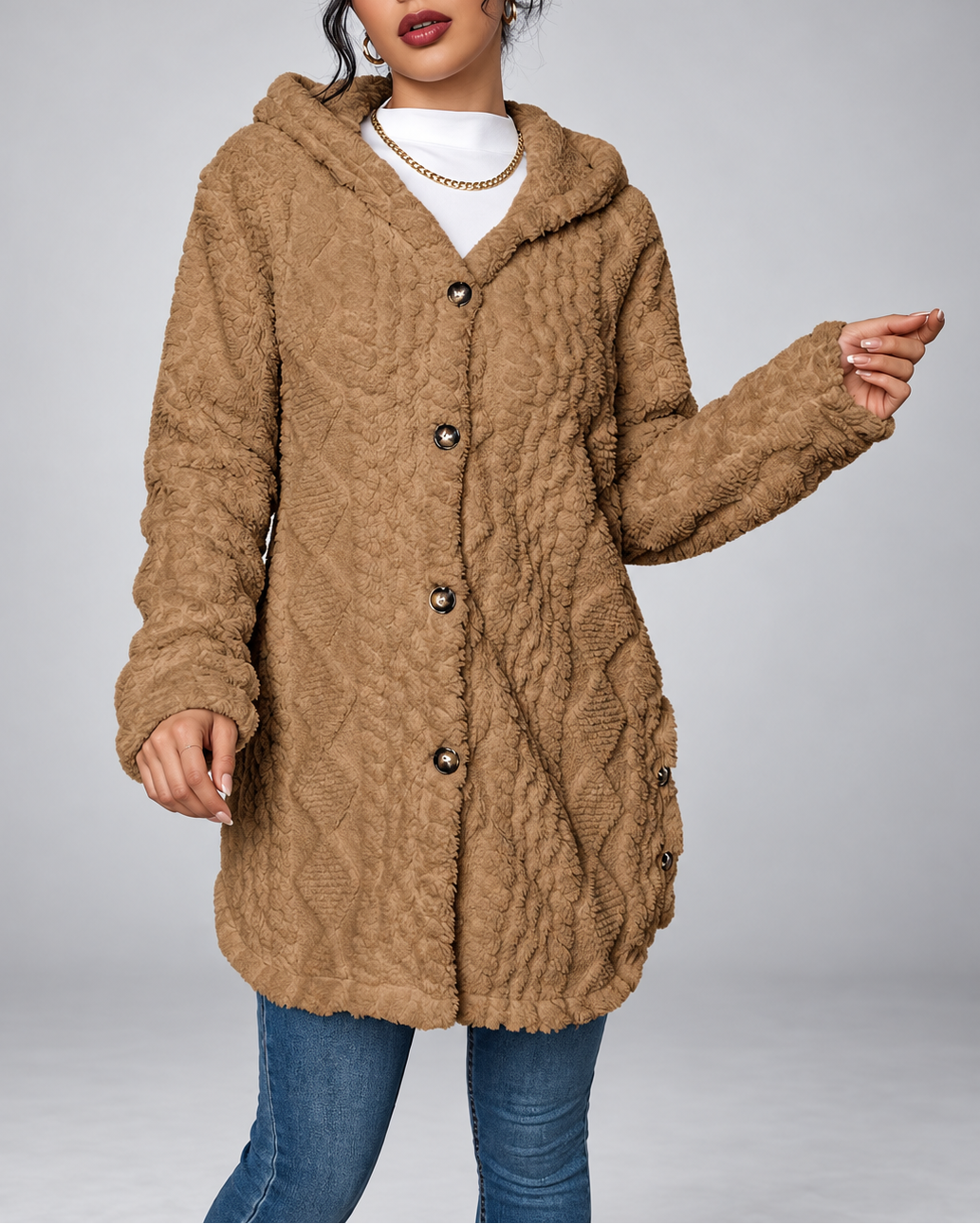 Camel longline teddy fleece cable knit jacket buttoned