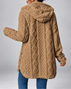 Camel longline teddy fleece cable knit jacket back