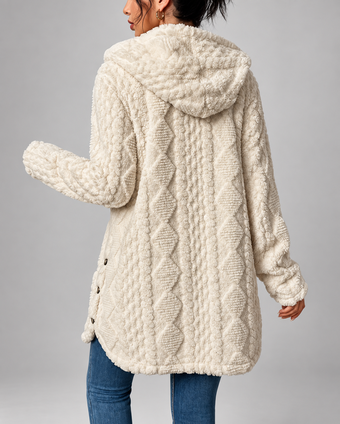 Cream longline teddy fleece cable knit jacket back