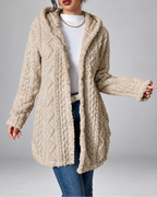 Cream longline teddy fleece cable knit jacket open detail