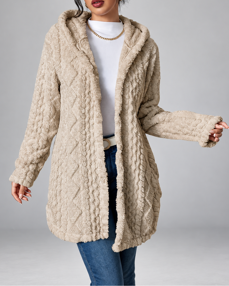 Cream longline teddy fleece cable knit jacket open detail