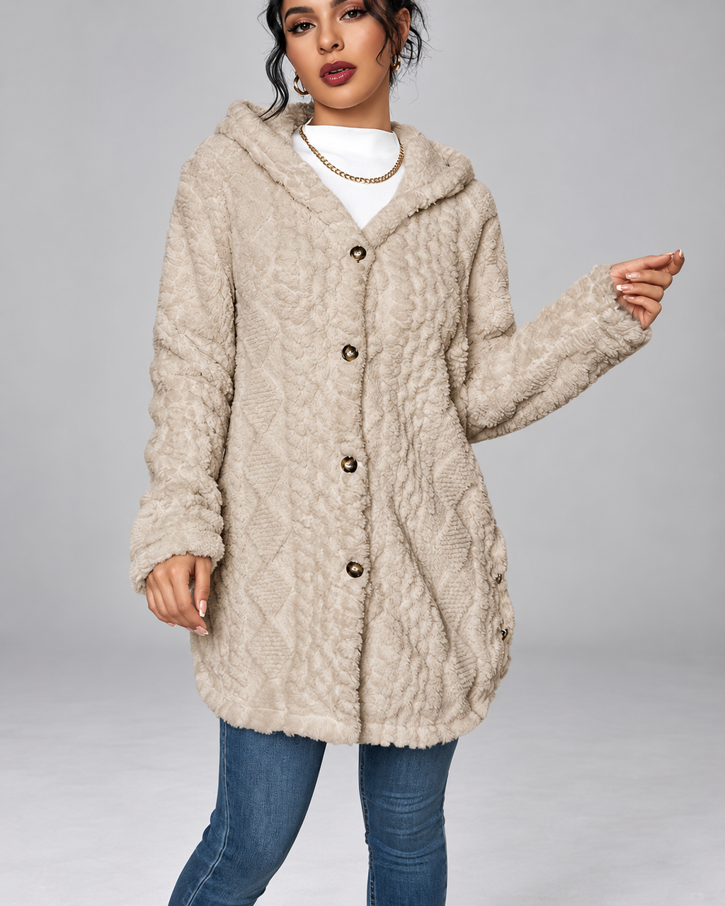 Cream longline teddy fleece cable knit jacket buttoned detail