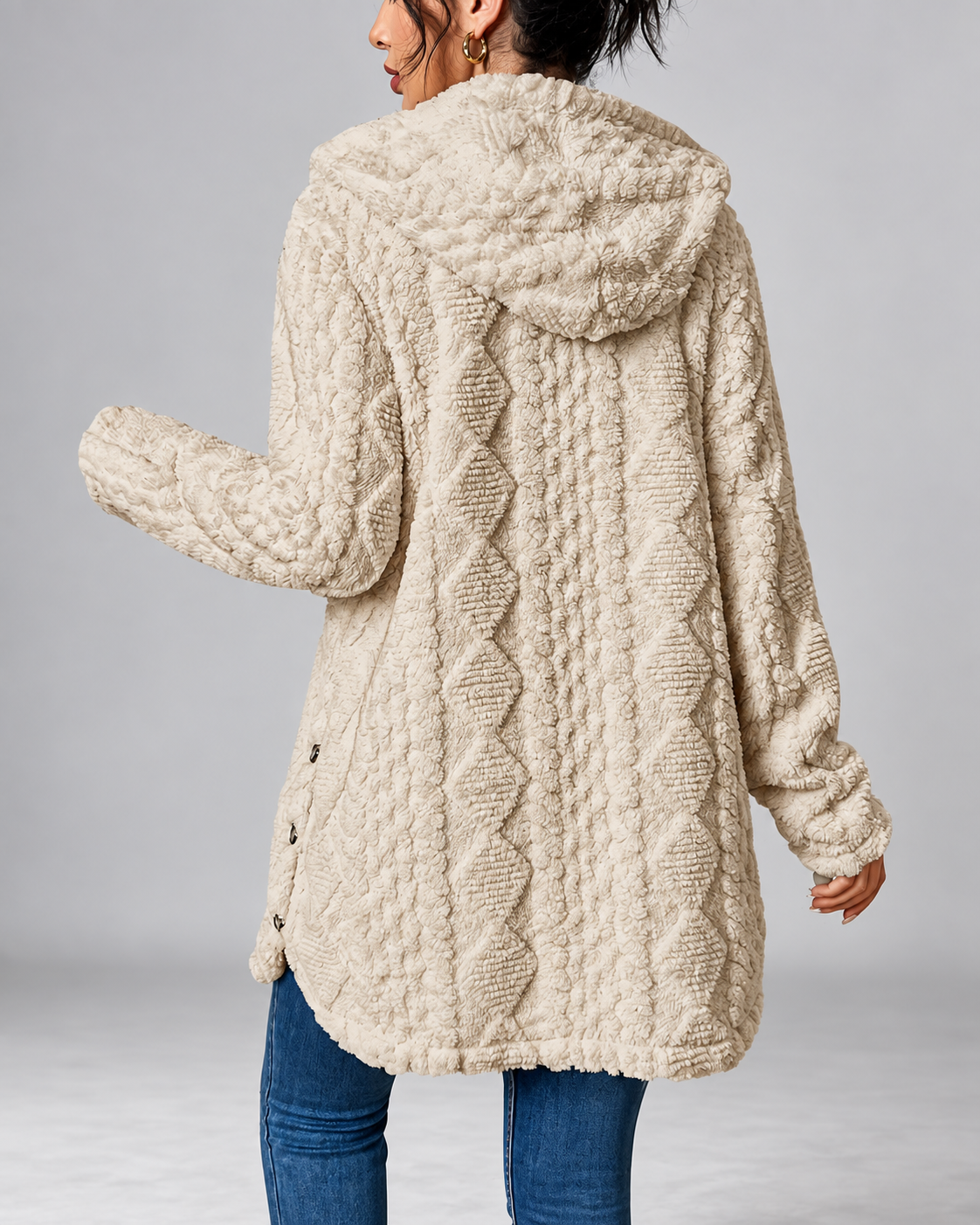 Cream longline teddy fleece cable knit jacket back detail
