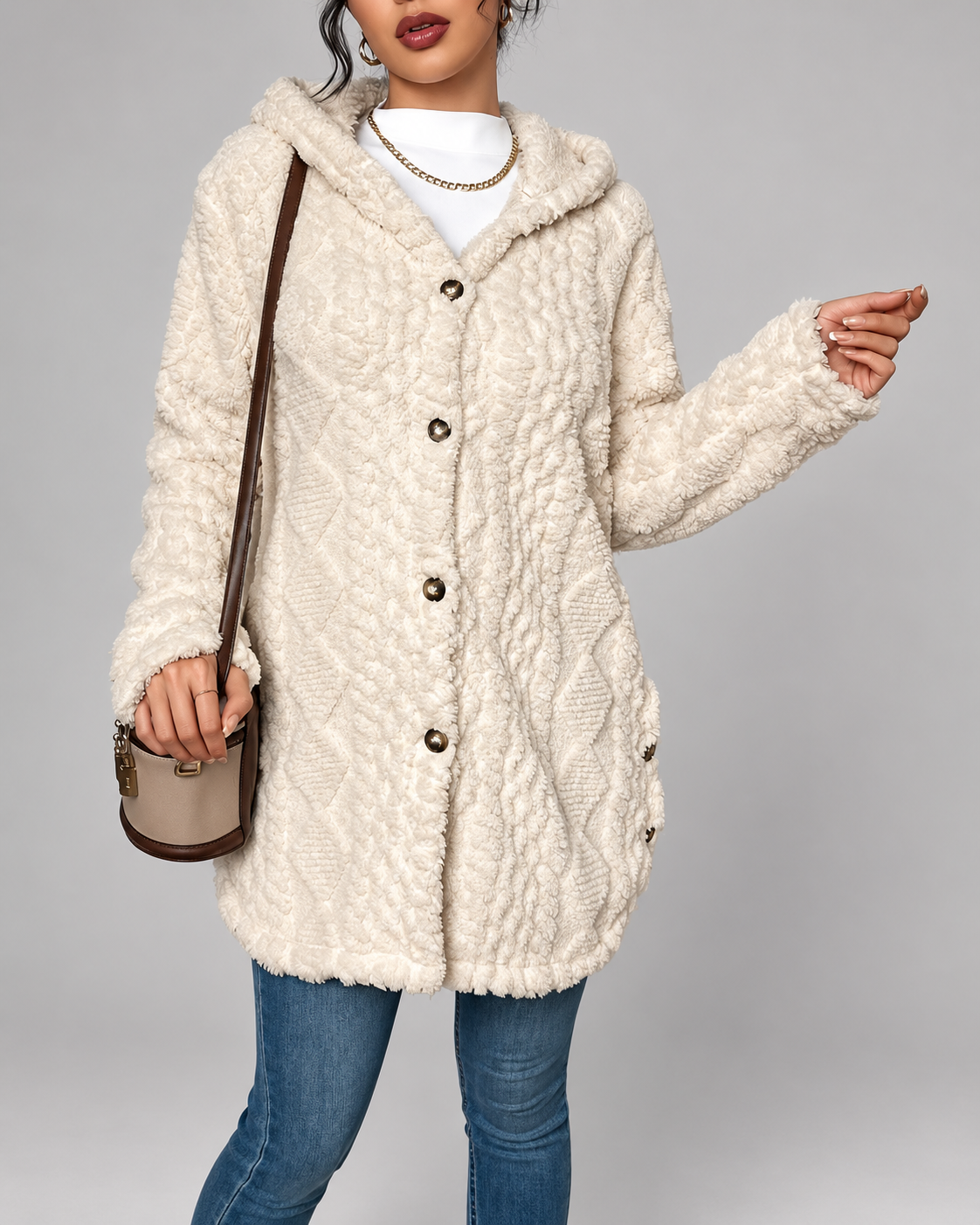 Cream longline teddy fleece cable knit jacket buttoned