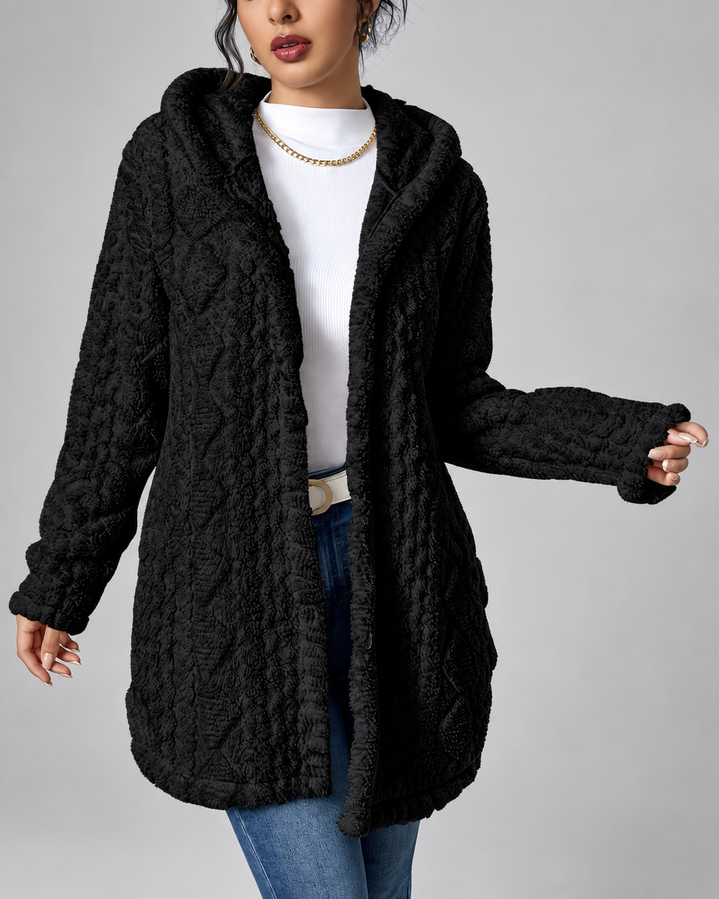 Black longline teddy fleece cable knit jacket front open