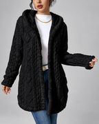 Black longline teddy fleece cable knit jacket front open