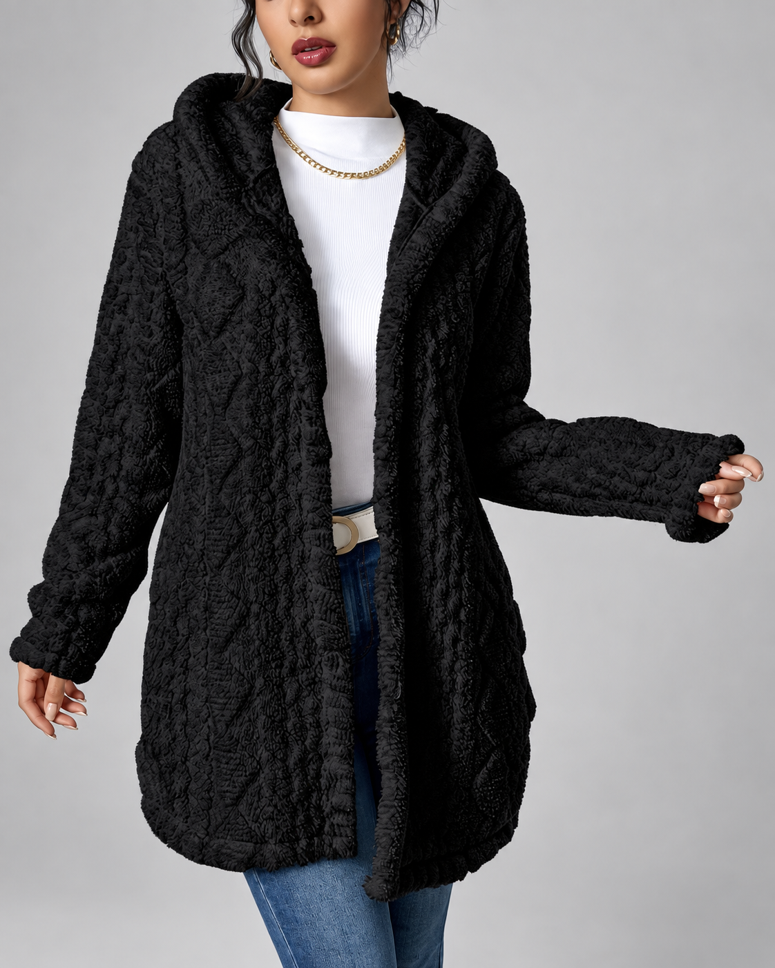 Black longline teddy fleece cable knit jacket front open