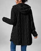 Black longline teddy fleece cable knit jacket back