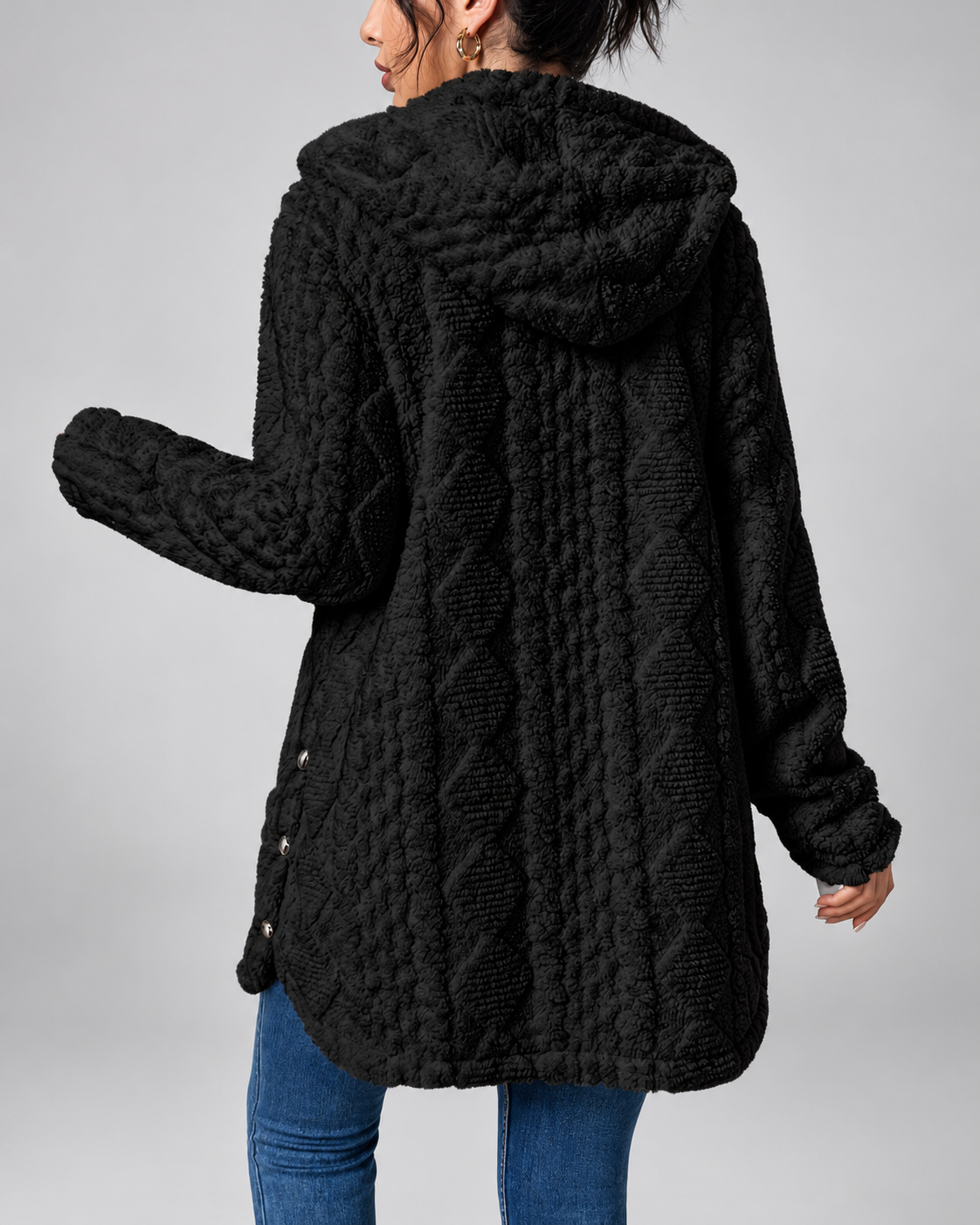 Black longline teddy fleece cable knit jacket back