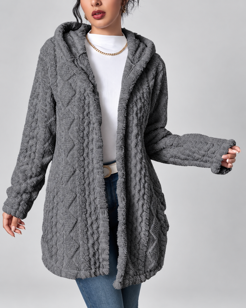 Grey longline teddy fleece cable knit jacket studio