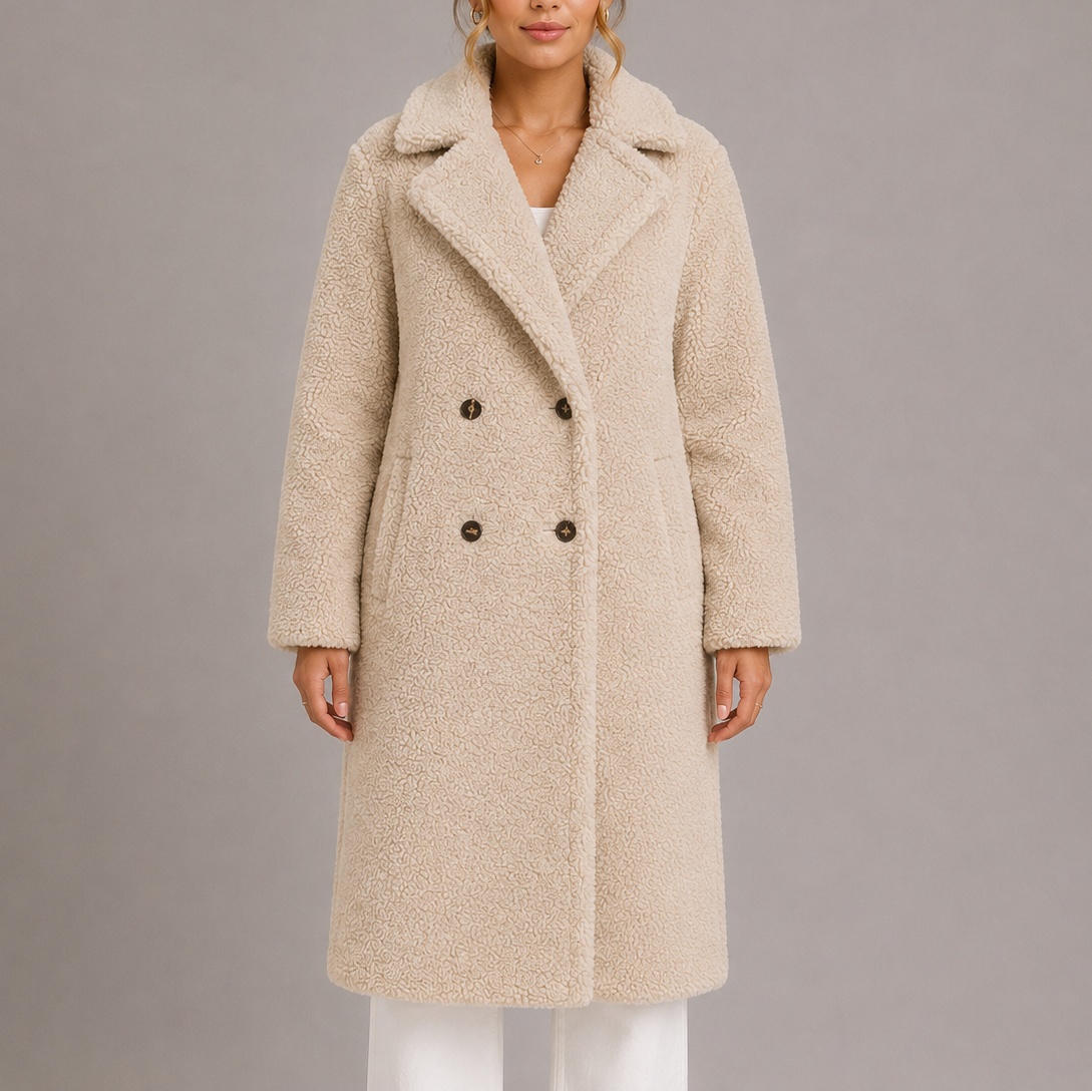 Women's Longline Teddy Fleece Coat with Double Breasted Front