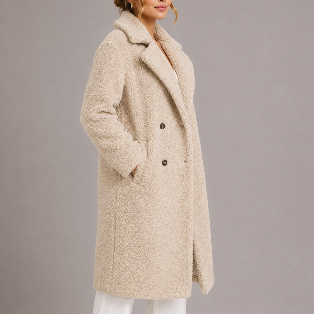 Women's Longline Teddy Fleece Coat with Double Breasted Front