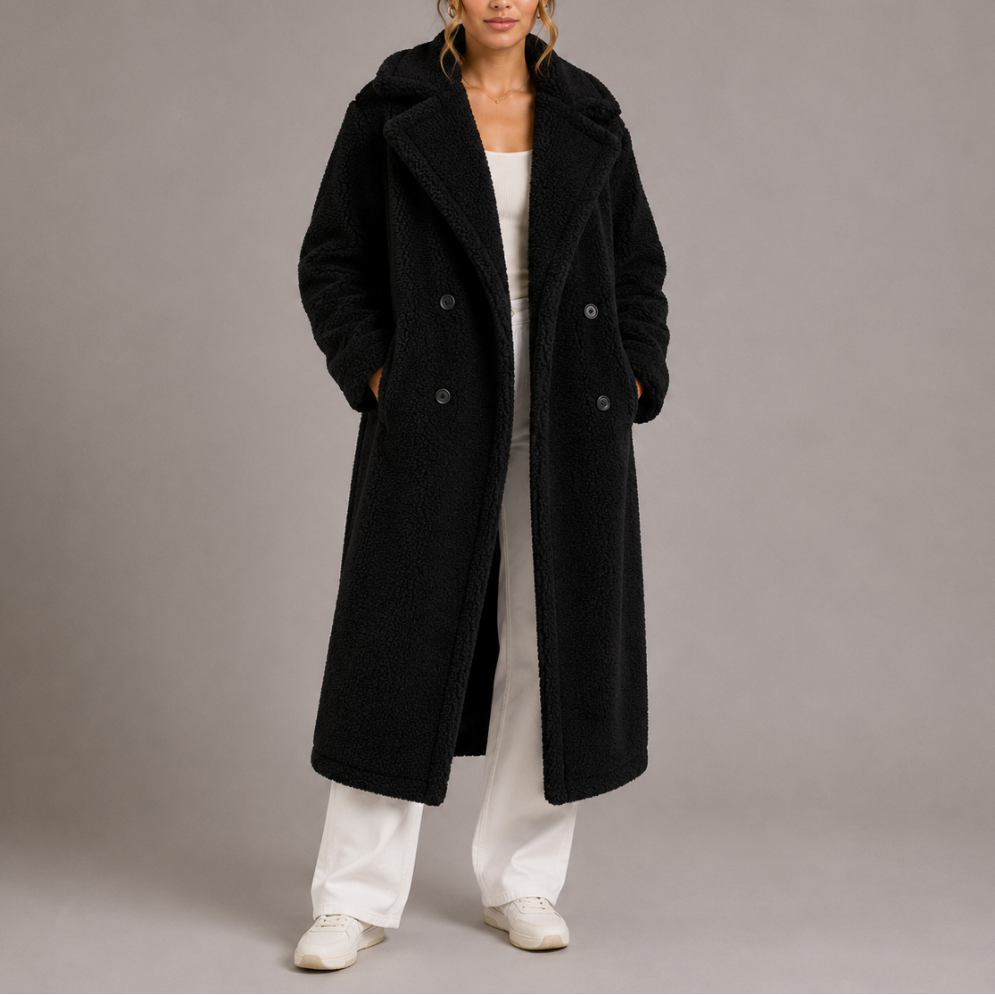 Women's Longline Teddy Fleece Coat with Double Breasted Front