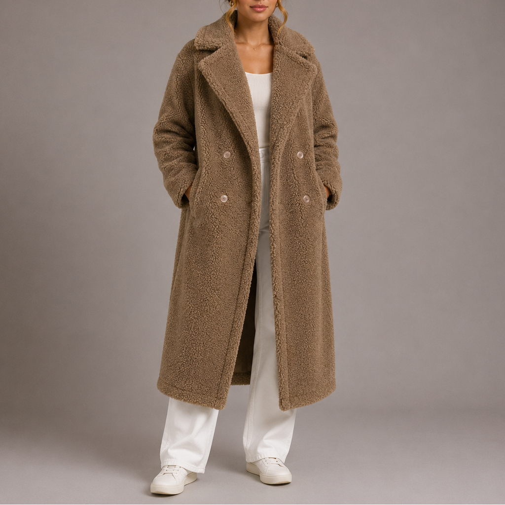 Women's Longline Teddy Fleece Coat with Double Breasted Front
