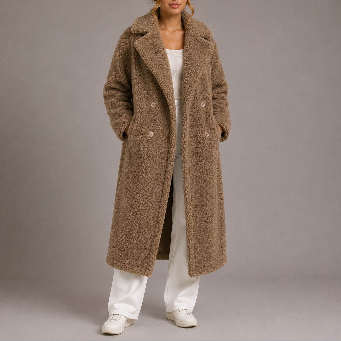 Women's Longline Teddy Fleece Coat with Double Breasted Front