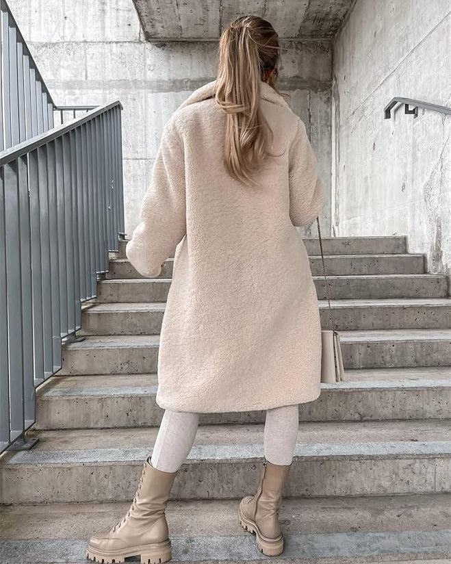 Women's Longline Teddy Fleece Coat with Notch Lapels