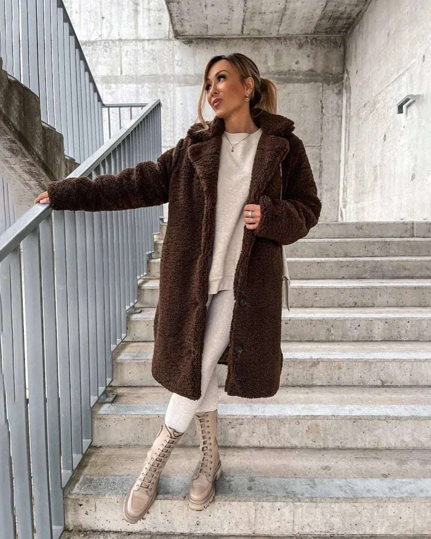 Women's Longline Teddy Fleece Coat with Notch Lapels