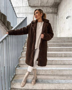 Women's Longline Teddy Fleece Coat with Notch Lapels