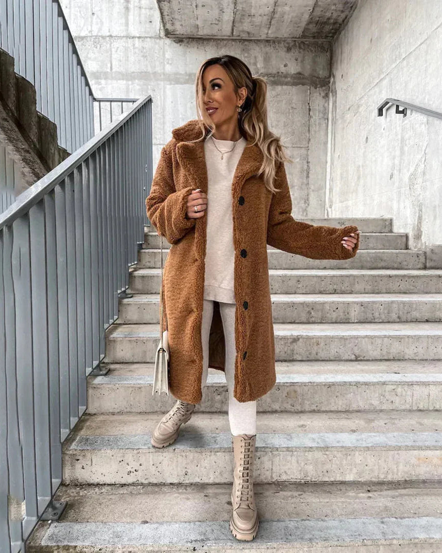 Women's Longline Teddy Fleece Coat with Notch Lapels