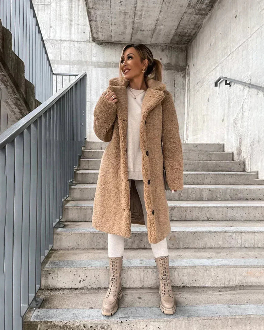 Women's Longline Teddy Fleece Coat with Notch Lapels