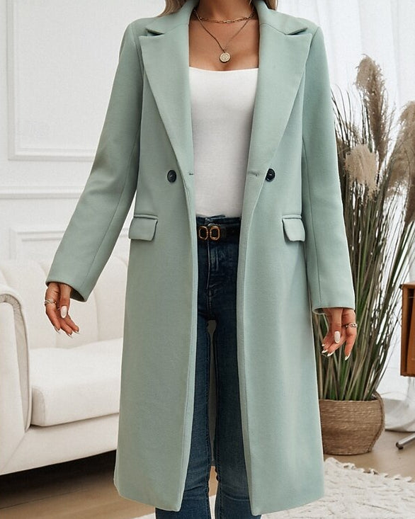 Women's Longline Coat with Lapel Collar and Front Pockets