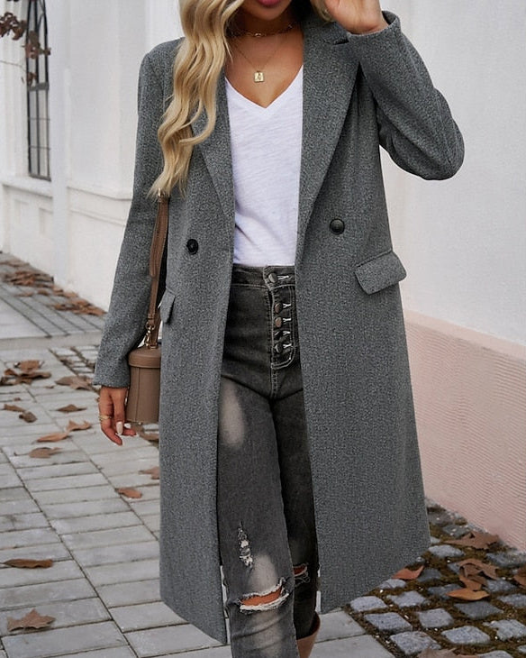 Women's Longline Coat with Lapel Collar and Front Pockets