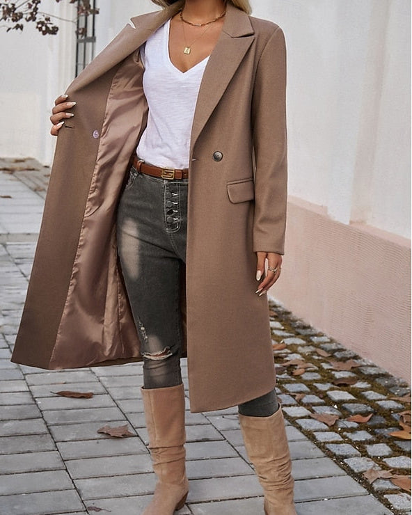 Women's Longline Coat with Lapel Collar and Front Pockets