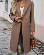 Women's Longline Coat with Lapel Collar and Front Pockets