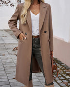 Women's Longline Coat with Lapel Collar and Front Pockets