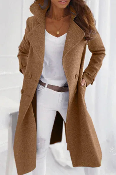 Women's Longline Coat with Double Breasted Front and Lapel Collar