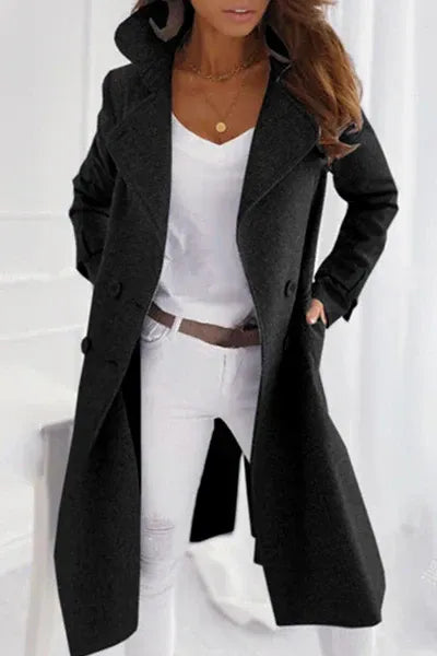 Women's Longline Coat with Double Breasted Front and Lapel Collar