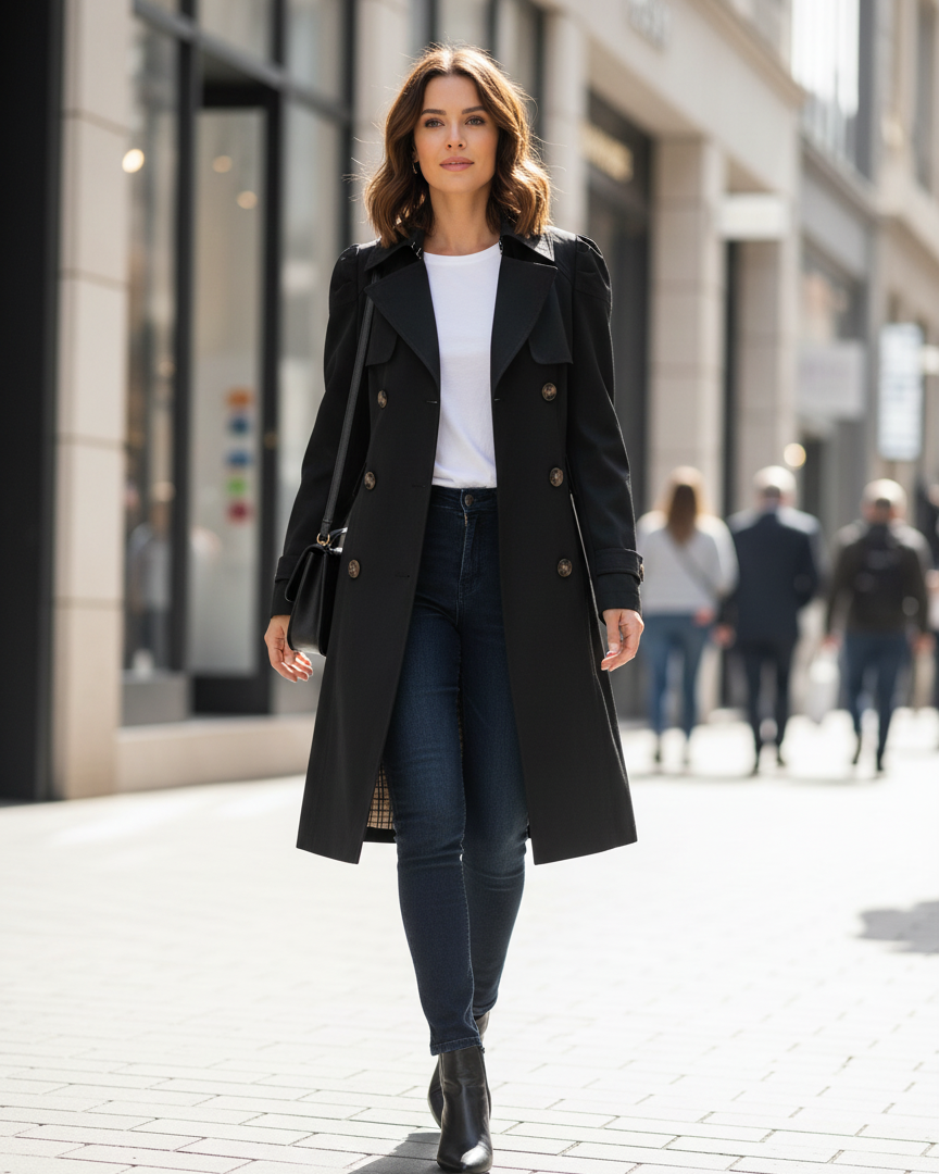 Women's Notch Lapel Trench Coat | Mid Length Single Breasted Button Up Jacket