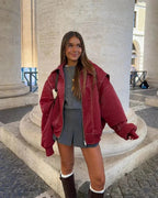 Women's Oversized Bomber Jacket | Contrast Stitch Zip Up Drop Shoulder Coat