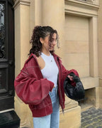 Women's Oversized Bomber Jacket | Contrast Stitch Zip Up Drop Shoulder Coat