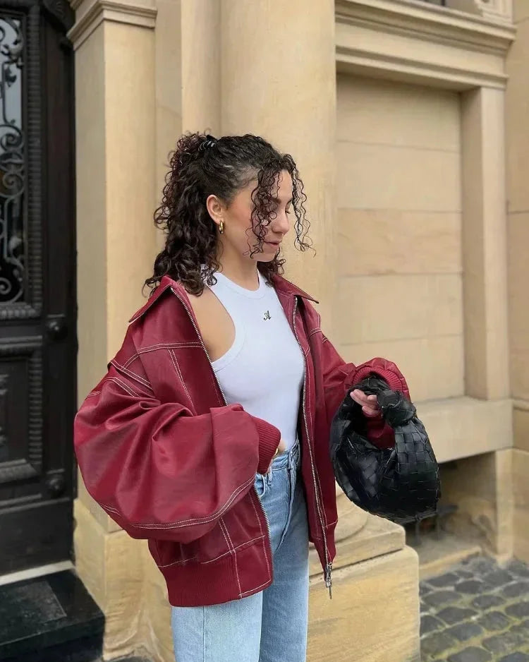 Women's Oversized Bomber Jacket | Contrast Stitch Zip Up Drop Shoulder Coat