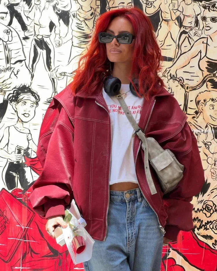 Women's Oversized Bomber Jacket | Contrast Stitch Zip Up Drop Shoulder Coat