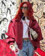 Women's Oversized Bomber Jacket | Contrast Stitch Zip Up Drop Shoulder Coat