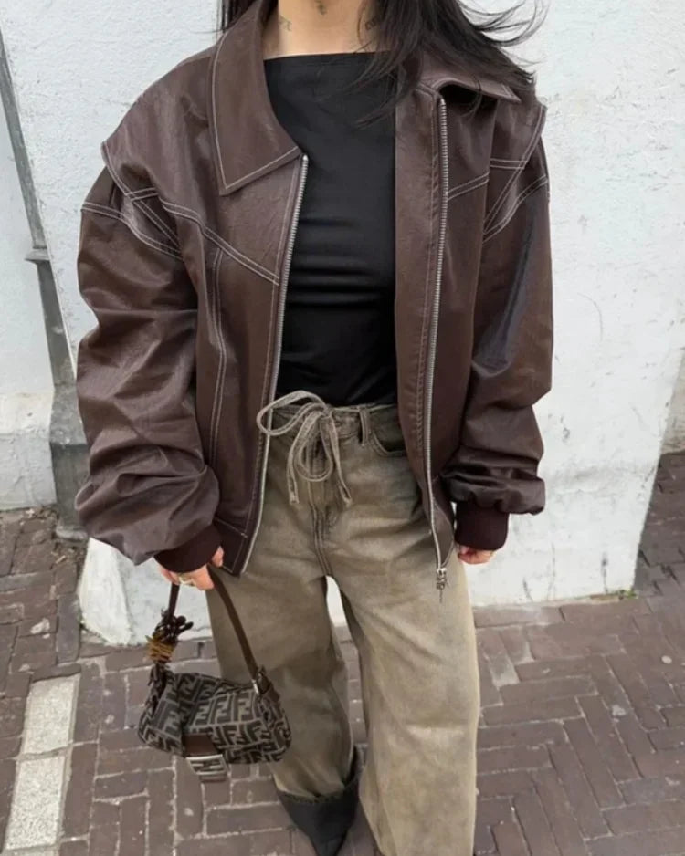 Women's Oversized Bomber Jacket | Contrast Stitch Zip Up Drop Shoulder Coat