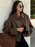 Women's Oversized Bouclé Jacket with Collar and Zip Front