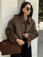 Women's Oversized Bouclé Jacket with Collar and Zip Front